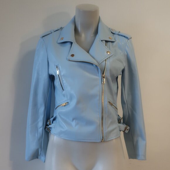 Womens Generation Love "Lindsay" Sky Blue Vegan Leather Moto Jacket M - Picture 6 of 9